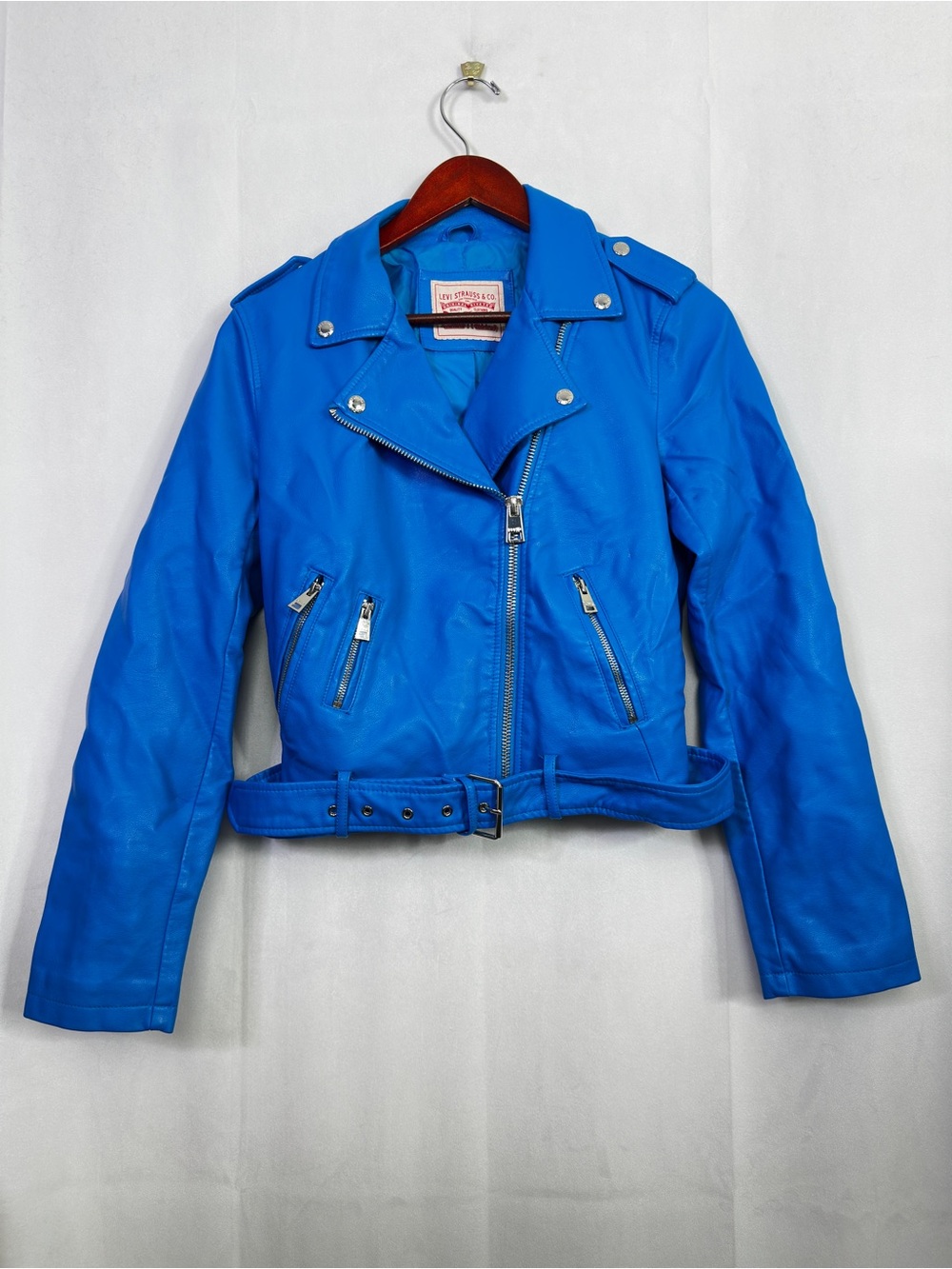 Levi’s Faux Leather Biker Peacock Blue Jacket Moto Fashion Belted Medium Womens